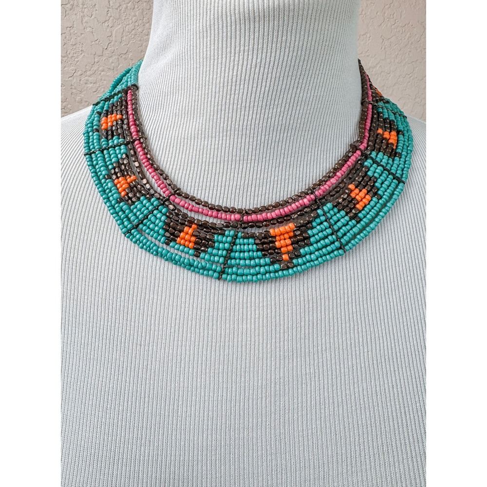Multi Strand Seed Bead Statement Necklace Turquoise Boho Southwestern Bib